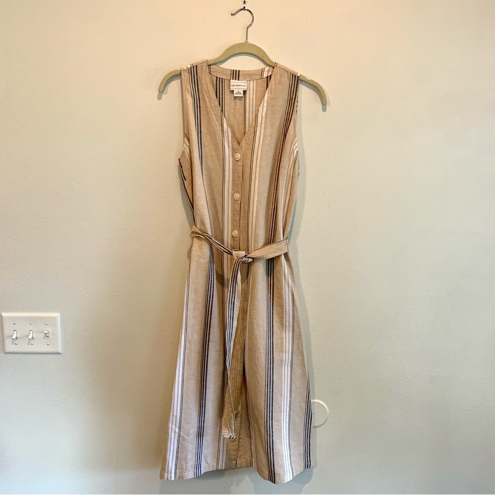 Liz Claiborne Tan Linen Striped Button Front Midi Dress